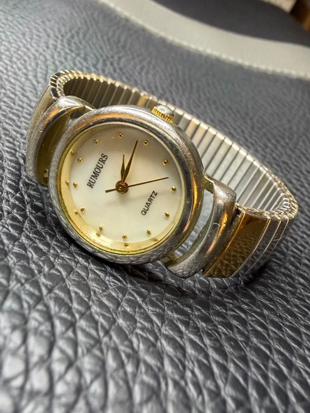 VTG Rumours Two Tone Stainless Steel Stretch Mother of Pearl Quartz Watch 6.5